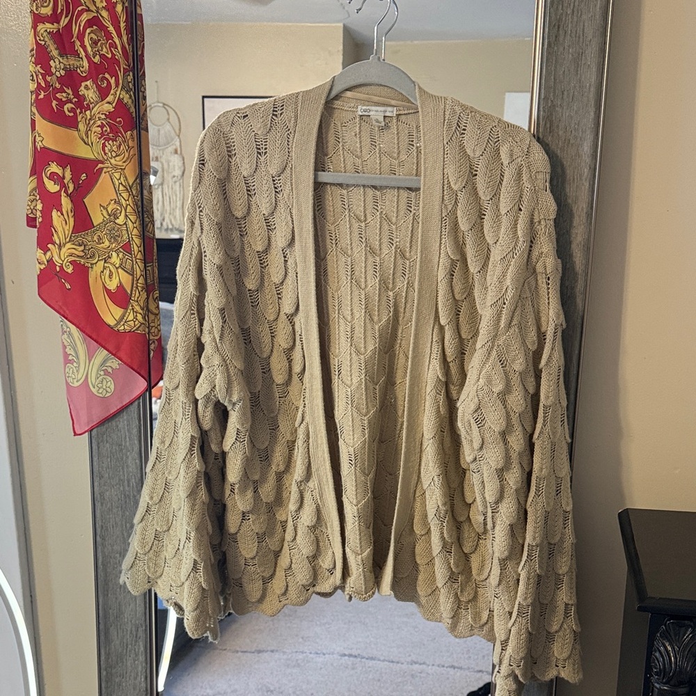 Beige Cable Knit Open Front Sweater